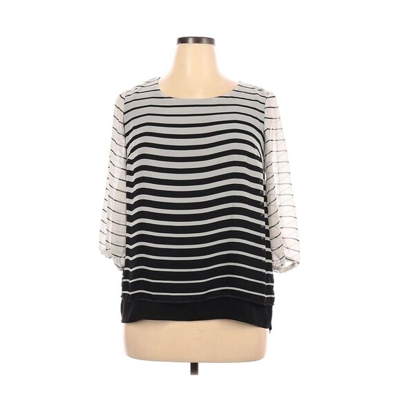 AB Studio Shirt Womens Large Black White Sheer 3/4 Sleeve Striped Flutter Back - Picture 1 of 8